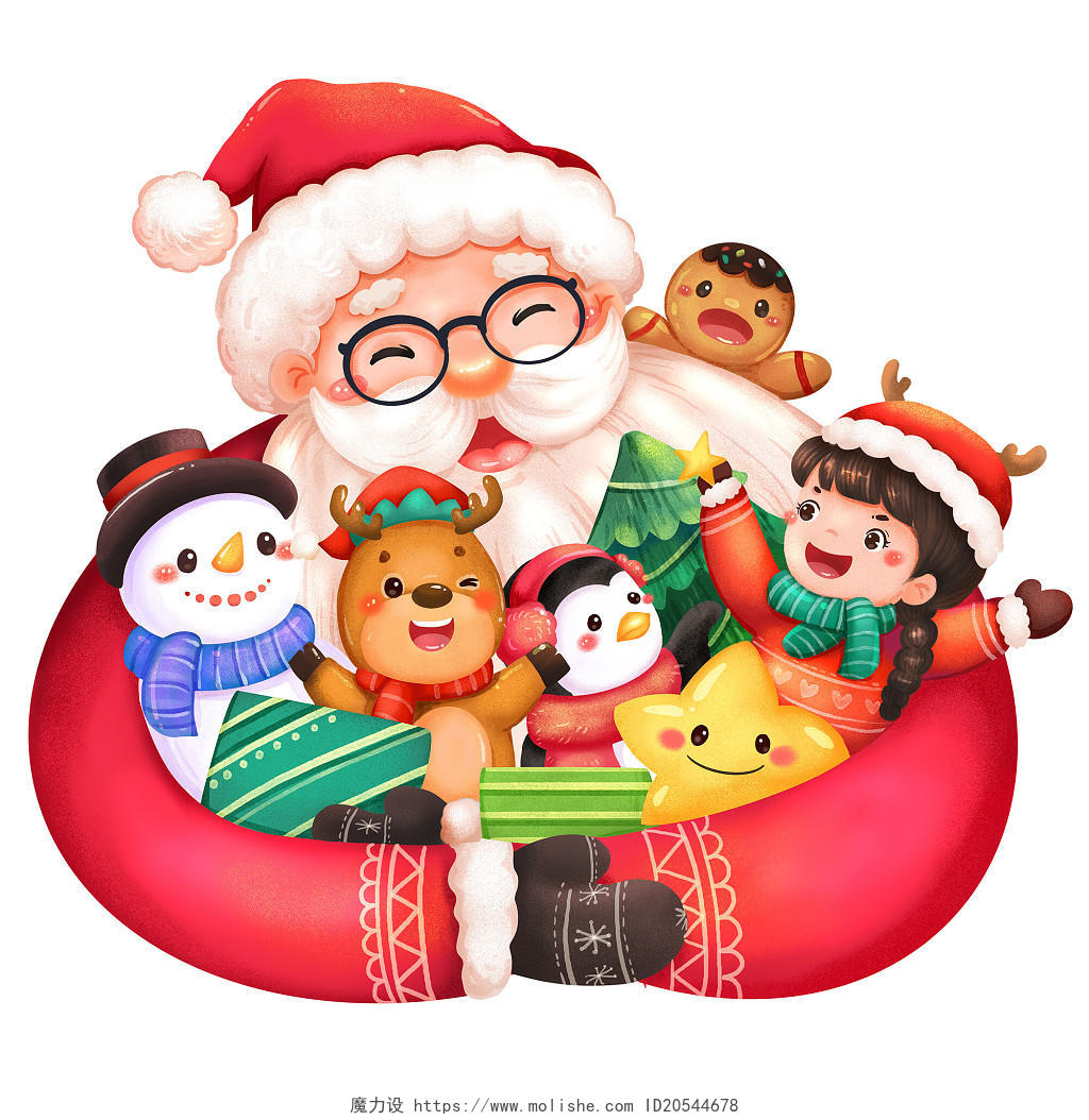 圣诞节平安夜圣诞老人怀抱雪人企鹅礼物女孩卡通元素插画